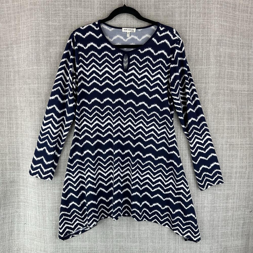 Faith And Joy Tunic T-Shirt Womens L Blue Geometric Keyhole Neck Long Sleeve
